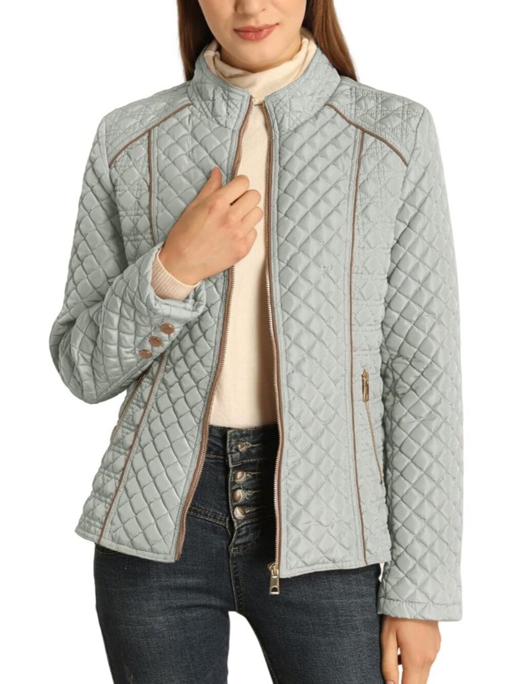 Women's Grey Fleece-Lined Front Zipper Diamond Quilted Puffer Winter Jacket